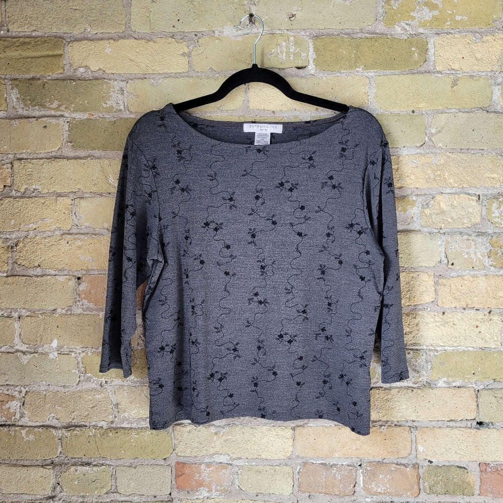 pursuits, ltd. Grey Black Embroidered Floral Womens Petite Medium